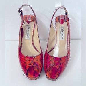 SALE! Jimmy Choo Red, Orange, Pink Snakeskin Open-Toe Slingbacks Sz 40.5